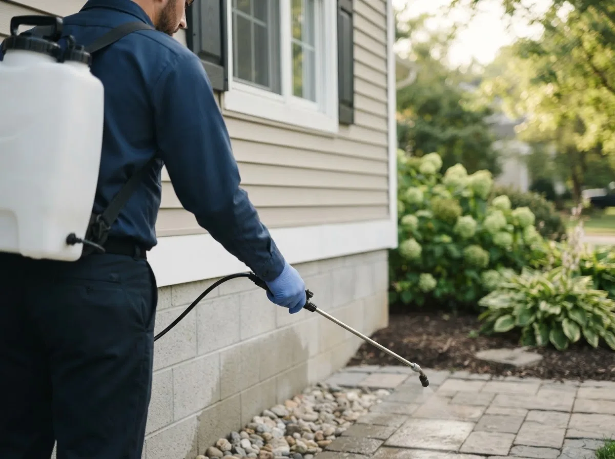Pest control technician inspecting a home in Creighton, MO